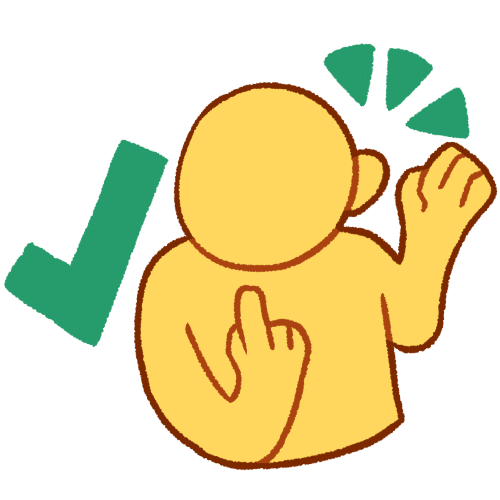  a drawing of a plain yellow person pointing to themself with their other hand by their ear. three green emphasis triangles are near their ear. to their left is a large green checkmark.